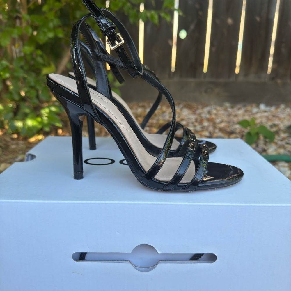Aldo Glossy Black Strappy Heels